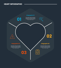 Heart diagram infographic process diagram with hexagon box container transparent with dark background bright outline style 3 points