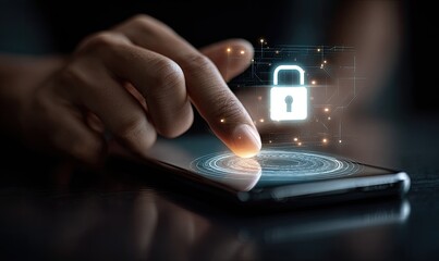 Hand touching a phone screen with a security lock graphic overlay