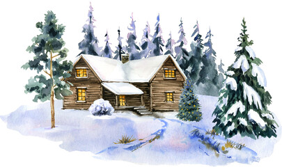 Watercolor winter house on a transparent background, christmas illustration, hand draw