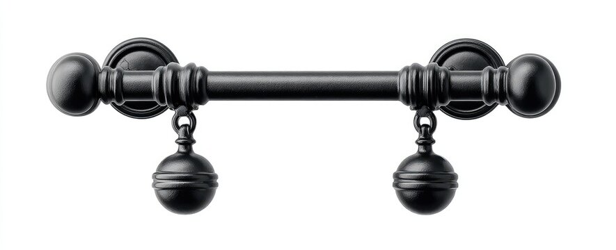 Black curtain rod with ornate ball finials and hanging accents