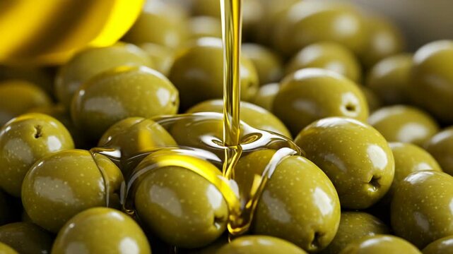 Closeup of fresh green olives with golden olive oil being poured onto them, healthy food concept