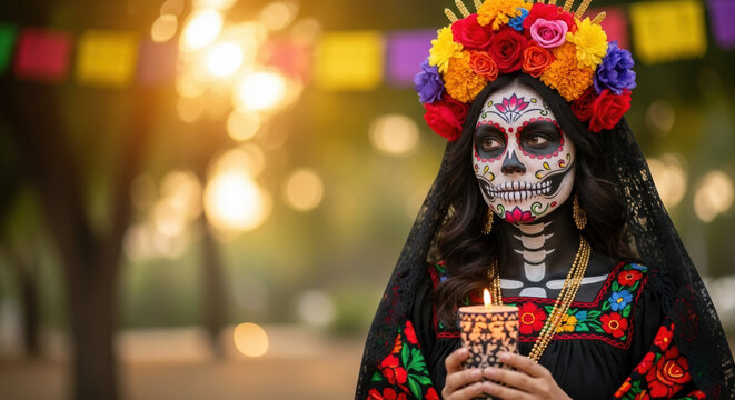 Day of Dead celebration featuring woman with traditional calavera makeup and floral headdress.  Woman holds lit candle, symbolizing remembrance and honoring ancestors.