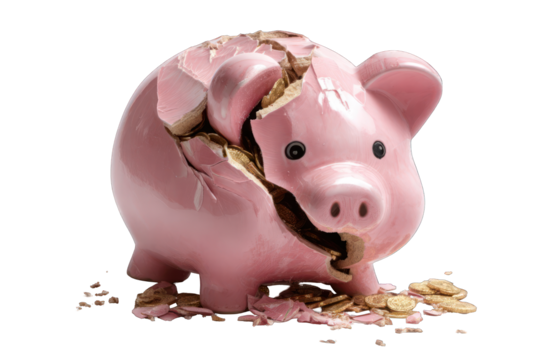 Broken piggy bank filled with scattered pieces