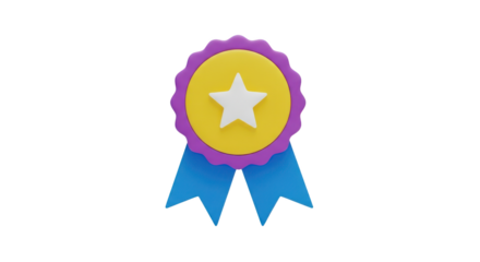 3D rendered award ribbon with star and blue ribbons medal achievement isolated on a transparent background
