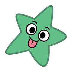 A cute green star cartoon character with a happy, playful face and tongue sticking out, isolated on a white background, a fun illustration for kids and playful designs.
