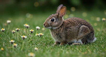 Fototapeta premium Wild brown rabbit sits peacefully among white flowers in lush green grass in a natural, outdoor setting