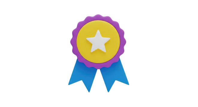 3D rendered award ribbon with star and blue ribbons medal achievement isolated on a transparent background