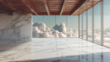 Spacious, modern interior with marble and wood.  Large windows offer a breathtaking view of clouds