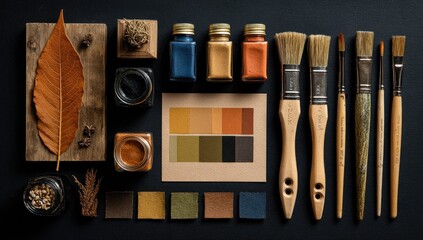 Flat lay of art supplies, paint colors, and natural elements