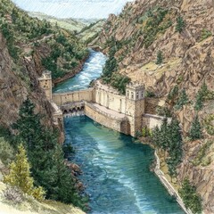 Mountainous river valley with dam