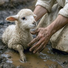 A little lamb lies in a mud puddle while being gently rescued by human hands  