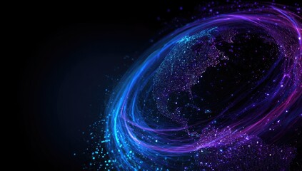 Abstract digital globe, swirling neon rings
