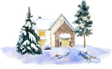 Watercolor winter house on a transparent background, christmas illustration, hand draw
