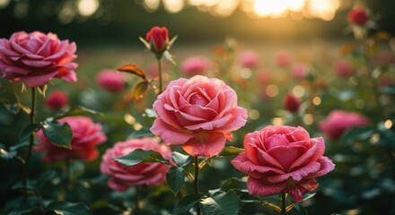 A vibrant display of pink roses in a garden setting, bathed in warm sunlight.