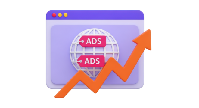 3D Web Browser Window with Ads Globe and Upward Arrow advertising marketing isolated on a transparent background - Powered by Adobe