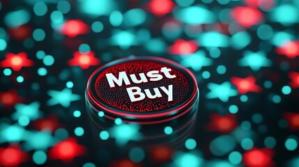 A vibrant "Must Buy" button is centered among a colorful, blurred background of red and blue star-shaped lights.
