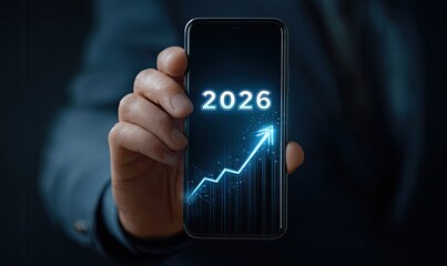 Hand holding a phone displaying 2026 with an upward trend graph