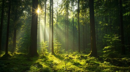 Obraz premium Sunlight streaming through lush evergreen trees enchanting forest nature photography tranquil environment serene viewpoint peaceful concept