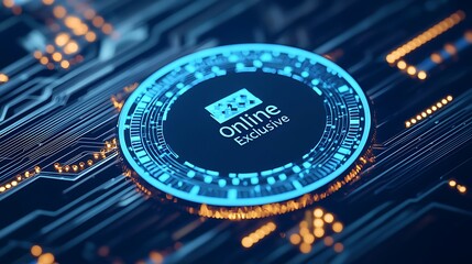 A futuristic digital design featuring a glowing blue coin labeled "Online Exclusive" set against a backdrop of intricate circuit patterns.