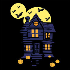 Spooky Haunted House with Bats, Pumpkins, and Full Moon