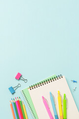 School supplies or office stationery on blue background.