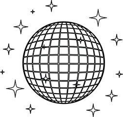 Sparkling disco ball surrounded by stars on a white background for party designs