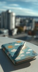 Teal-colored notebook with sun and cloud design, pen, and cityscape backdrop