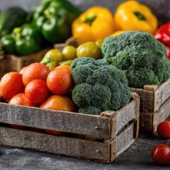 Wooden crates overflowing with fresh vegetables  tomatoes, peppers, broccoli, and more, arranged attractively on a mottled gray surface