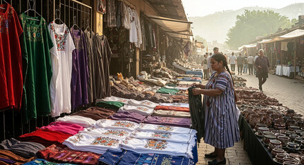 Obraz premium Vendors showcasing traditional Mexican textiles in vibrant market at sunrise
