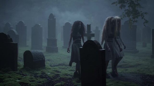 Two eerie figures wander through a foggy, moonlit graveyard, their silhouettes casting haunting shadows among old tombstones. The chilling atmosphere creates suspense and a sense of supernatural horro