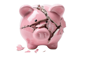 Broken piggy bank on white background
