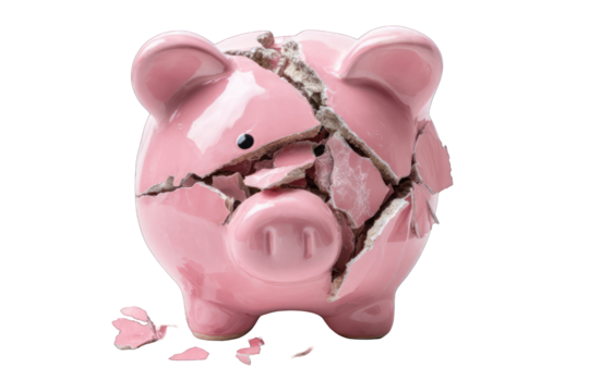 Broken piggy bank on white background