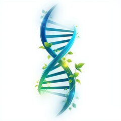 A stylized double helix DNA strand entwined with vibrant green leaves, illuminated by soft light.