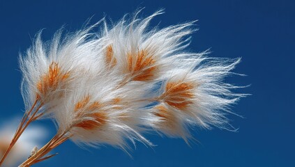 Fluffy white and tan seed heads against a vibrant blue sky