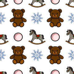 Seamless vector pattern featuring charming illustrations of teddy bears, rocking horses, snowflakes, and pastel circles, creating a whimsical and festive winter design ideal for childrens products.