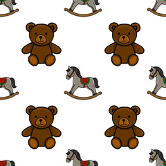 Seamless vector pattern featuring adorable brown teddy bears and classic rocking horses, perfect for childrens textile designs or playful backgrounds.