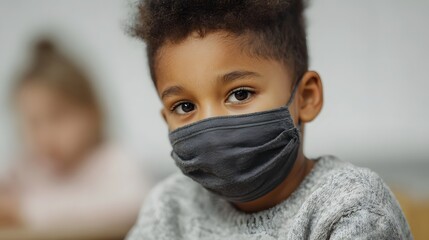 A young child wearing a protective face mask looks directly at the in a classroom setting emphasizing health and safety in education