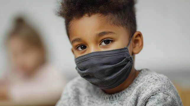 A young child wearing a protective face mask looks directly at the in a classroom setting emphasizing health and safety in education - Powered by Adobe