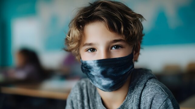 A young student wearing a patterned face mask looks directly at the in a brightly lit classroom highlighting health precautions in educational