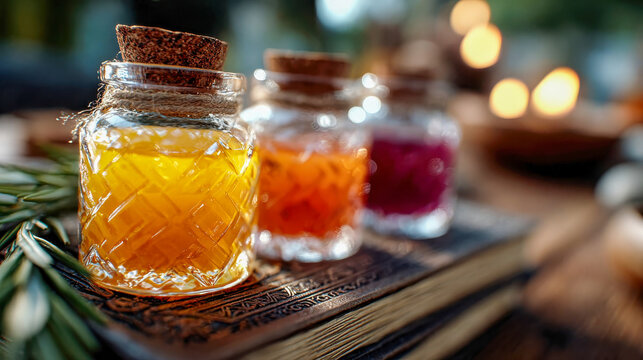 Close-up of glass potion bottles filled with vibrant glowing liquids, placed on an old mystical book in warm candlelight
