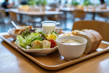 Healthy Lunch Meal on a Wooden Tray with Salad Bread and Soup.