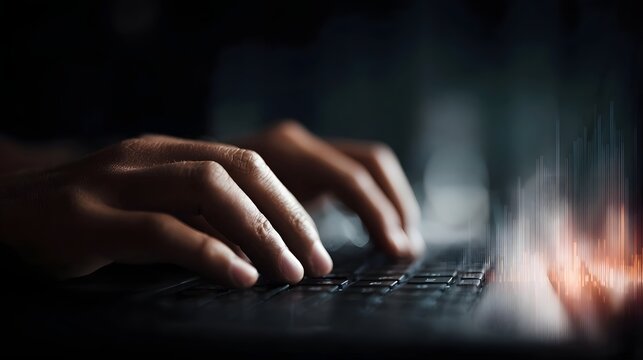 Hands actively typing on a laptop keyboard in a dimly lit environment surrounded by illuminated digital data graphs and abstract light effects