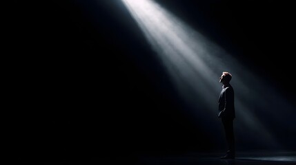 Man stands in a dark space illuminated by a powerful spotlight gazing upward with an air of hope leadership and inspi n