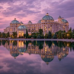 Fototapeta premium Grand hotel reflected in tranquil water at twilight