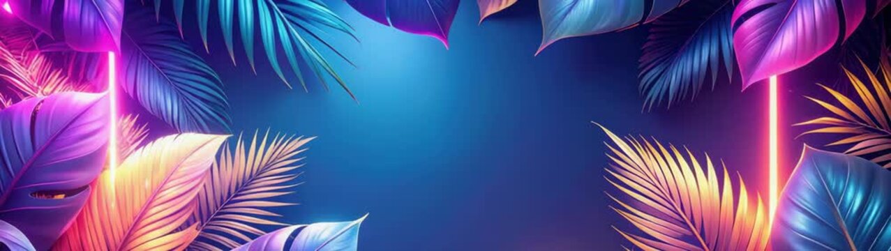 Tropical fluorescent colorful jungle leaves frame glowing on blue background.