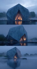 A modern, angular structure, seemingly a building or pavilion, situated on a body of water, with soft lighting.  Foggy, serene atmosphere