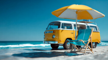 Retro van with beach chair and umbrella set on sandy beach under clear blue sky
