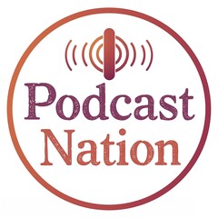 Podcast Nation logo:  a circular emblem featuring stylized text and a broadcast signal graphic.