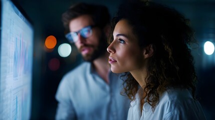 Focused business professionals collaborate on data analysis reviewing charts and graphs on a large monitor in a modern tech driven office environment