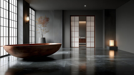 A large, dark brown wooden bathtub in a minimalist, modern bathroom with large windows and polished concrete floors.